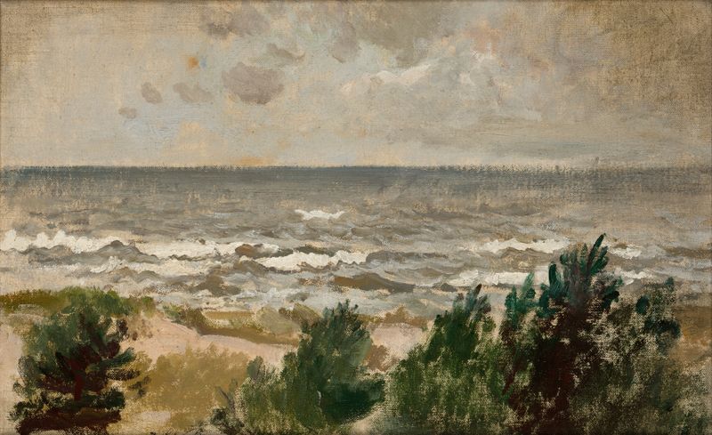 Windy Day de Leon Wyczółkowski, pintura al óleo que muestra hierbas meciéndose bajo nubes amenazadoras.