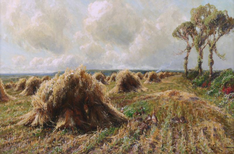 Partridges by the Haystacks in an Expansive Harvest Landscape, oil painting by Arthur William Redgate