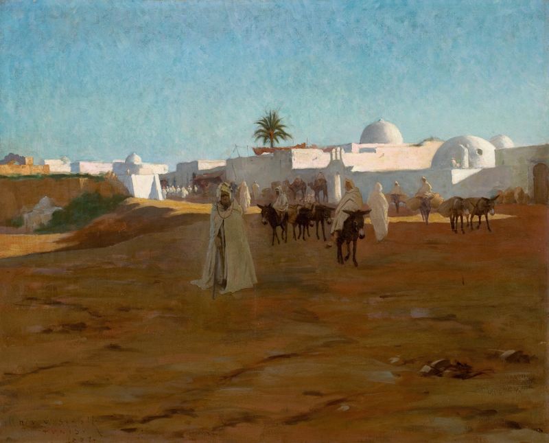 Tunisian Village de Robert Van Vorst Sewell, óleo sobre tela que retrata uma paisagem vibrante de um vilarejo.
