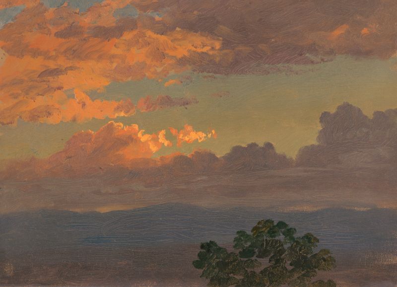 Sunset de Frederic Edwin Church, pintura a óleo que retrata um horizonte com luz dourada e céu vibrante.