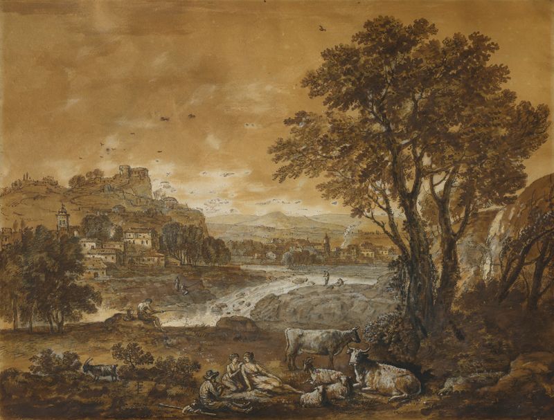 A landscape with shepherds resting under a tree by a cascade, oil on canvas by Francesco Zuccarelli.