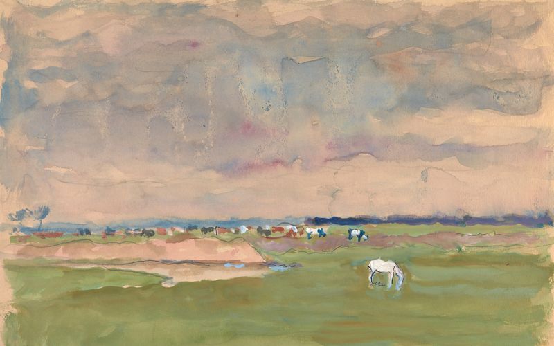 Realism landscape featuring a horse and cows in a pasture by Ivan Ivanec