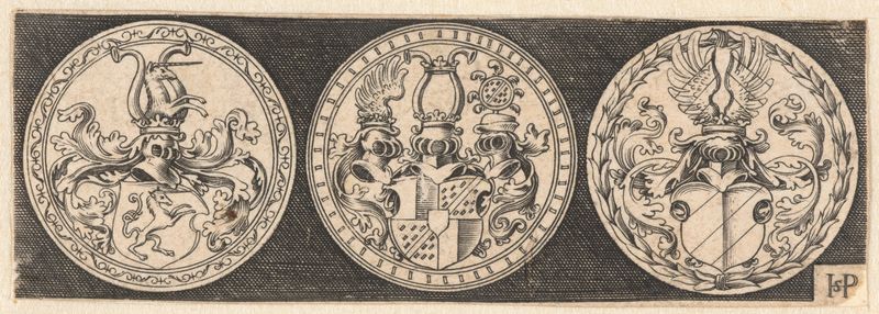 Grabado de Unknown Artist con diseños de escudos y emblemas