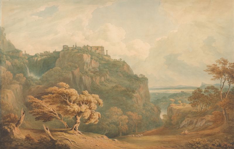 Landscape of Tivoli with hills and architecture by John Warwick Smith, medium unknown.