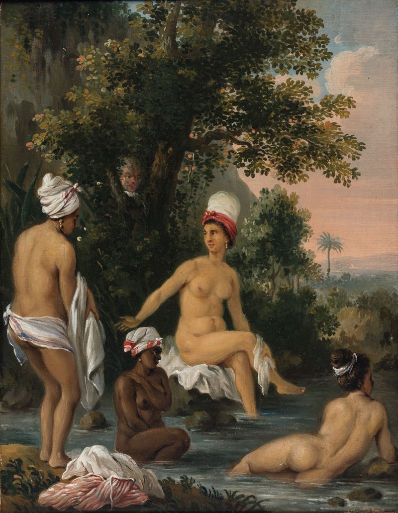 Women bathing in water, oil on canvas by Agostino Brunias