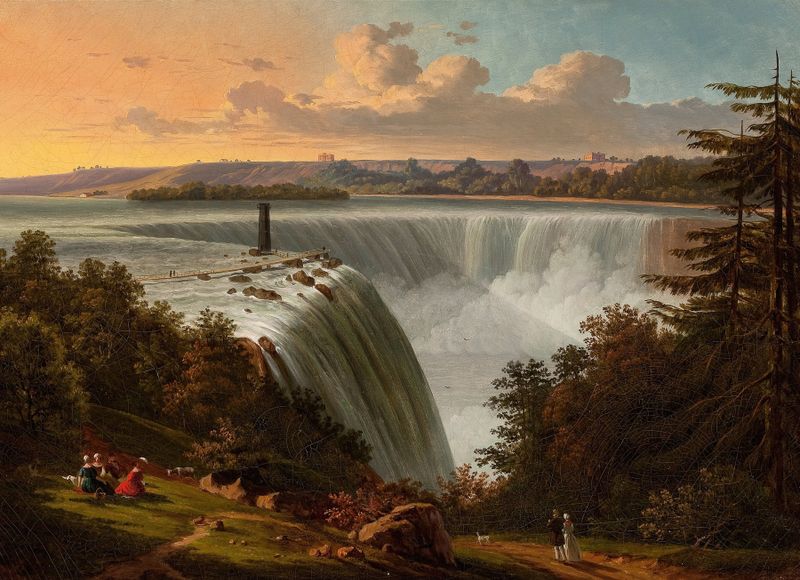 Niagara Falls by Victor de Grailly, oil painting depicting a waterfall and lush greenery.