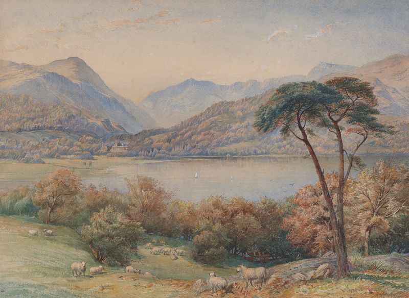 Landscape with Sheep by Charles Reginald Aston, oil painting depicting rolling hills and sheep.
