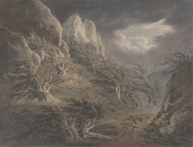 Landscape of Birnam Wood by Hugh William Williams, oil painting featuring trees and a soft sky.