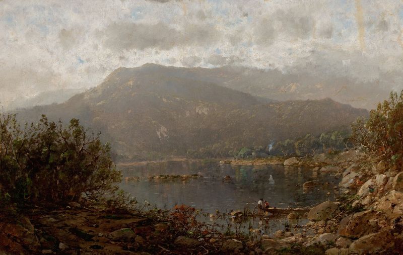 Mountain Lake in the Blue Ridge Mountains by William Louis Sonntag, oil painting of a tranquil lake and mountains.