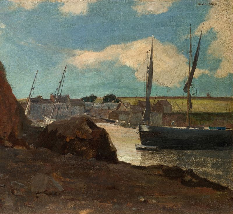 The Port of Morgat by Odilon Redon, oil on canvas depicting a tranquil harbor with boats and reflections.