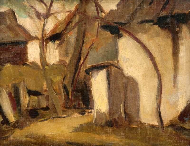 Genre scene depicting villagers in dynamic poses, oil painting by Zolo Palugyay