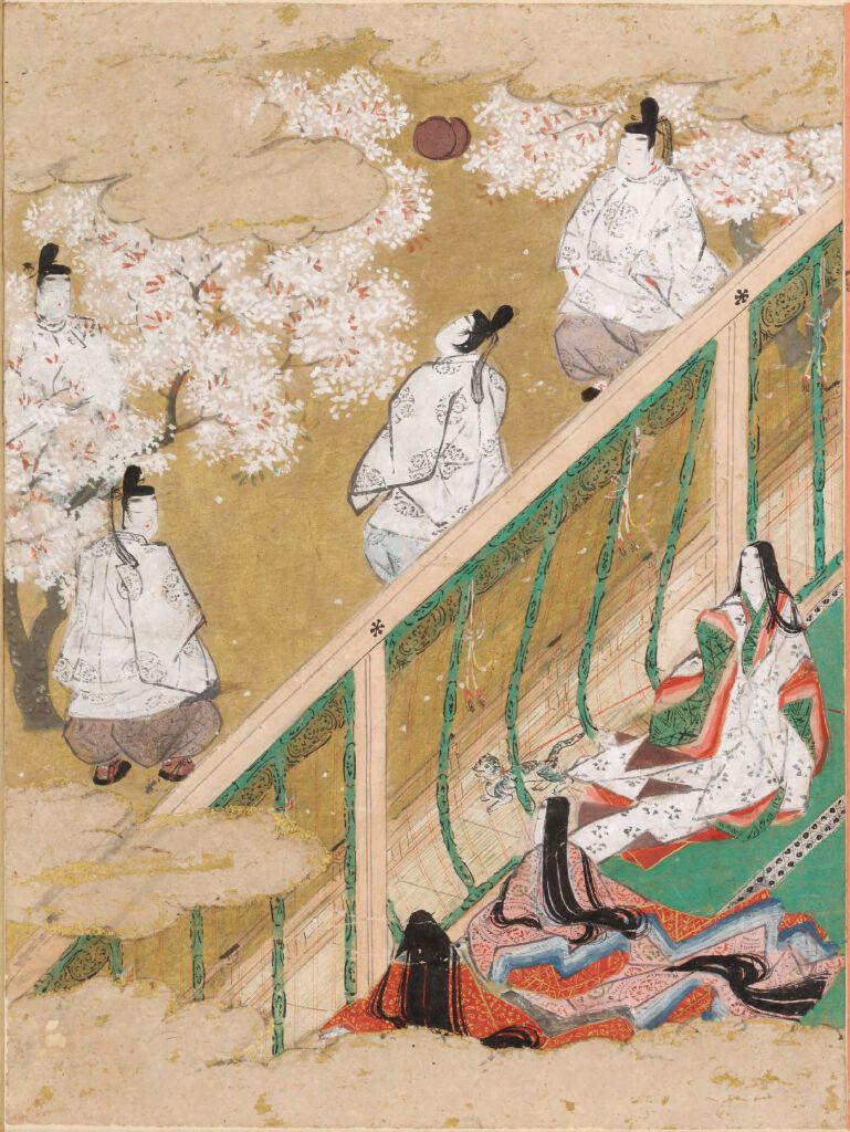 Ilustración dorada de Tosa Mitsunobu con figuras elegantes entre flores