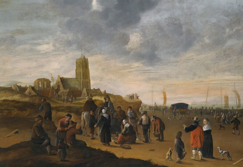 A View Of The Beach At Scheveningen by Cornelis Beelt, depicting sunlight on the sea, oil painting.