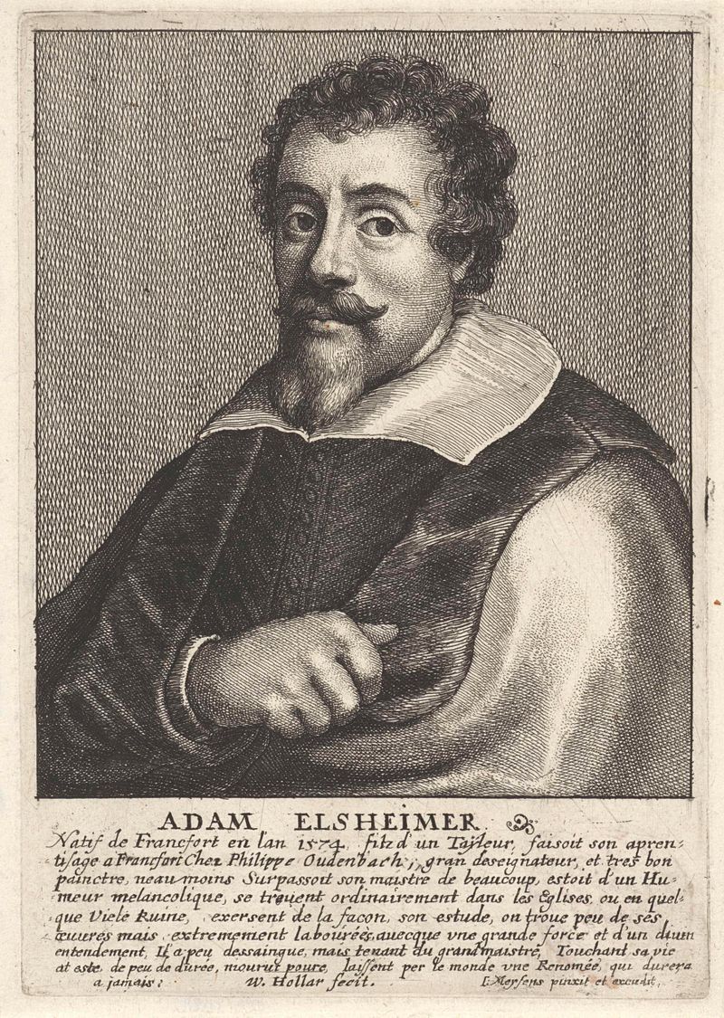 Grabado de Adam Elsheimer por Wenceslaus Hollar, con una figura serena y una expresión introspectiva.