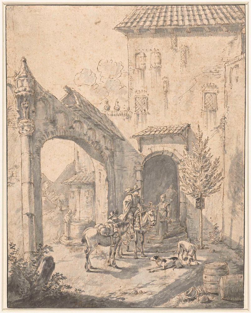 Two horsemen in a tavern scene, oil on canvas by Johann Heinrich Roos