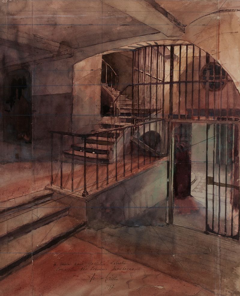 Escalier de prison de Georges Cain, óleo sobre lienzo que representa una escalera con sombras y luz tenue