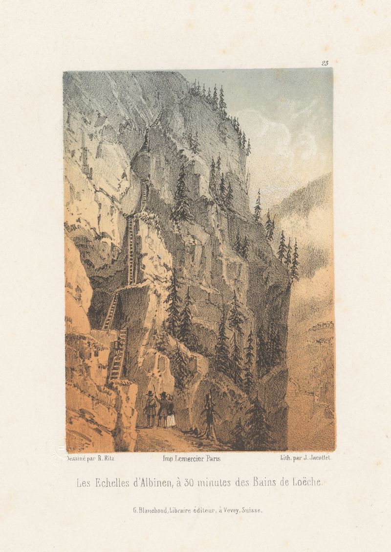 Pintura al óleo de paisaje de Jean Jacottet con montañas y un camino sinuoso.