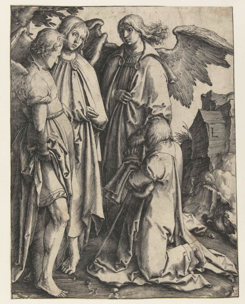 Grabado de Lucas van Leyden que muestra a Abraham rodeado de tres ángeles con alas extendidas.