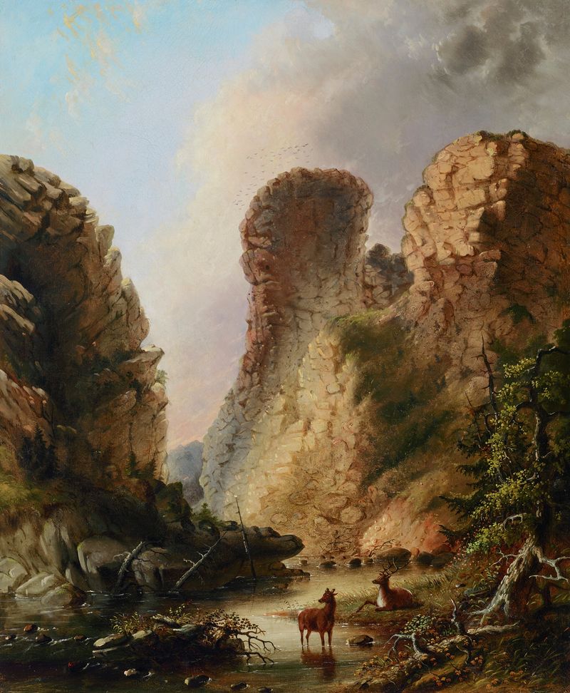 Deer by the River, Wyoming by Alfred Jacob Miller, oil painting depicting a deer by a river in a tranquil landscape.