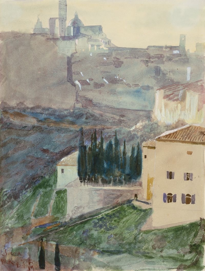 View of Siena by Max Klinger, depicting a landscape with golden light and architecture.
