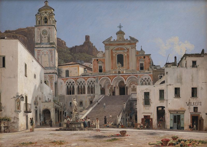 Landscape of Amalfi square with figures and architecture by Martinus Rørbye, oil painting.