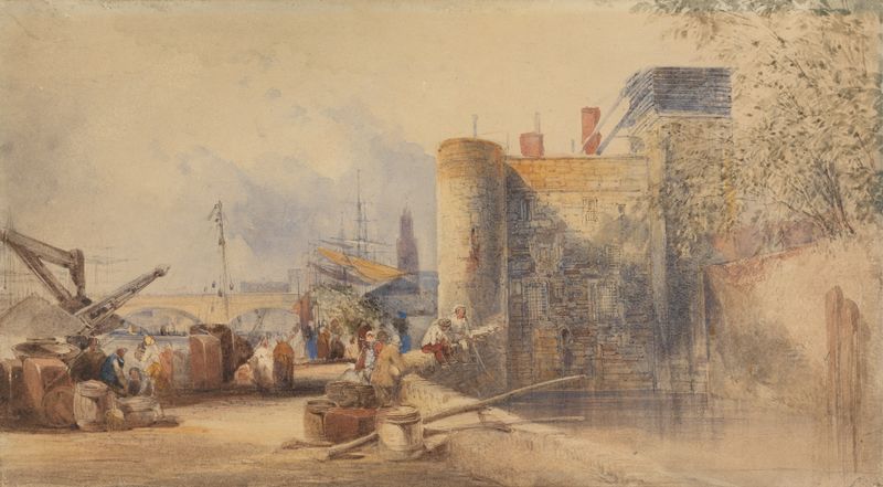 Moat at the Tower of London by George Howse, oil painting depicting a serene moat and the tower.