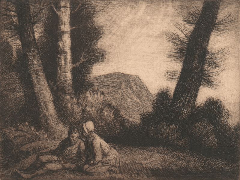 Distant Hills de William Strang, óleo sobre tela retratando colinas com tons terrosos.