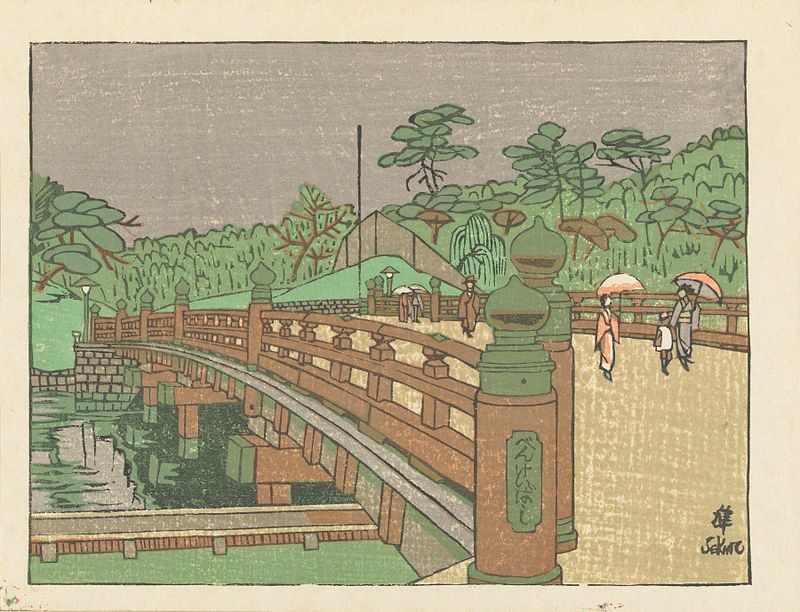 Grabado en madera de Benkei Bridge por Sekino Jun'ichirô, con colores delicados y un río tranquilo.