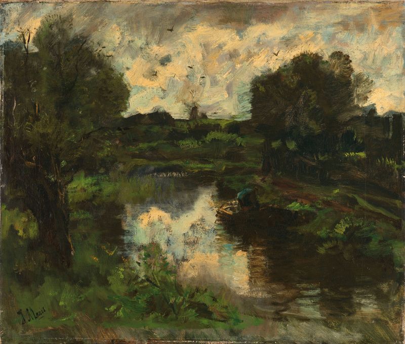 A Polder Landscape after a Thunderstorm by Jacob Maris, oil on canvas depicting a stormy landscape.