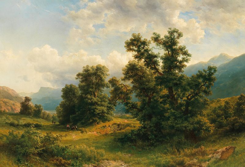 Paisaje con colinas y cielo de Gustav Maria Jäger, pintura al óleo