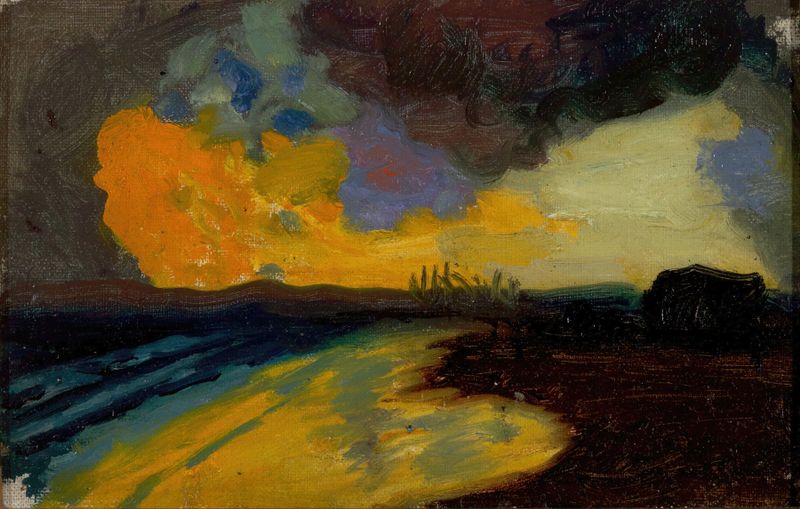 Expressionism oil painting by Franz von Stuck, depicting a sunset over the sea.