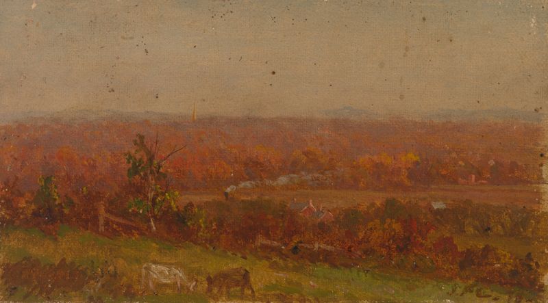 Paisagem de Jasper Francis Cropsey, 1880, retratando um lago tranquilo ao crepúsculo.
