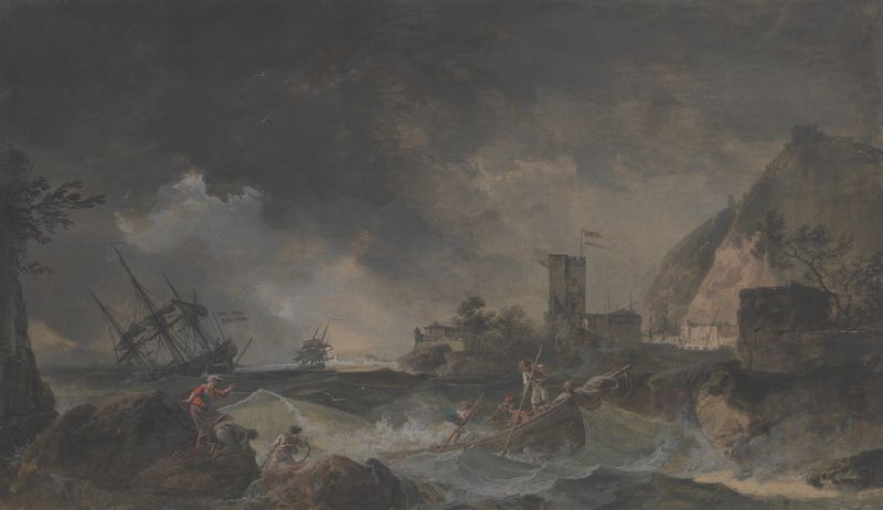 Pintura al óleo de Claude-Joseph Vernet que muestra un mar tormentoso con nubes oscuras.