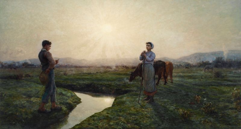 Le matin by Jules Breton, oil on canvas depicting a woman at dawn.