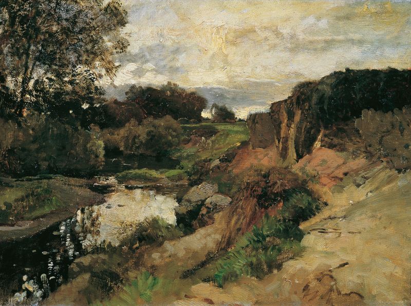 Pintura a óleo de Emil Jakob Schindler representando um riacho sereno com luz dourada.