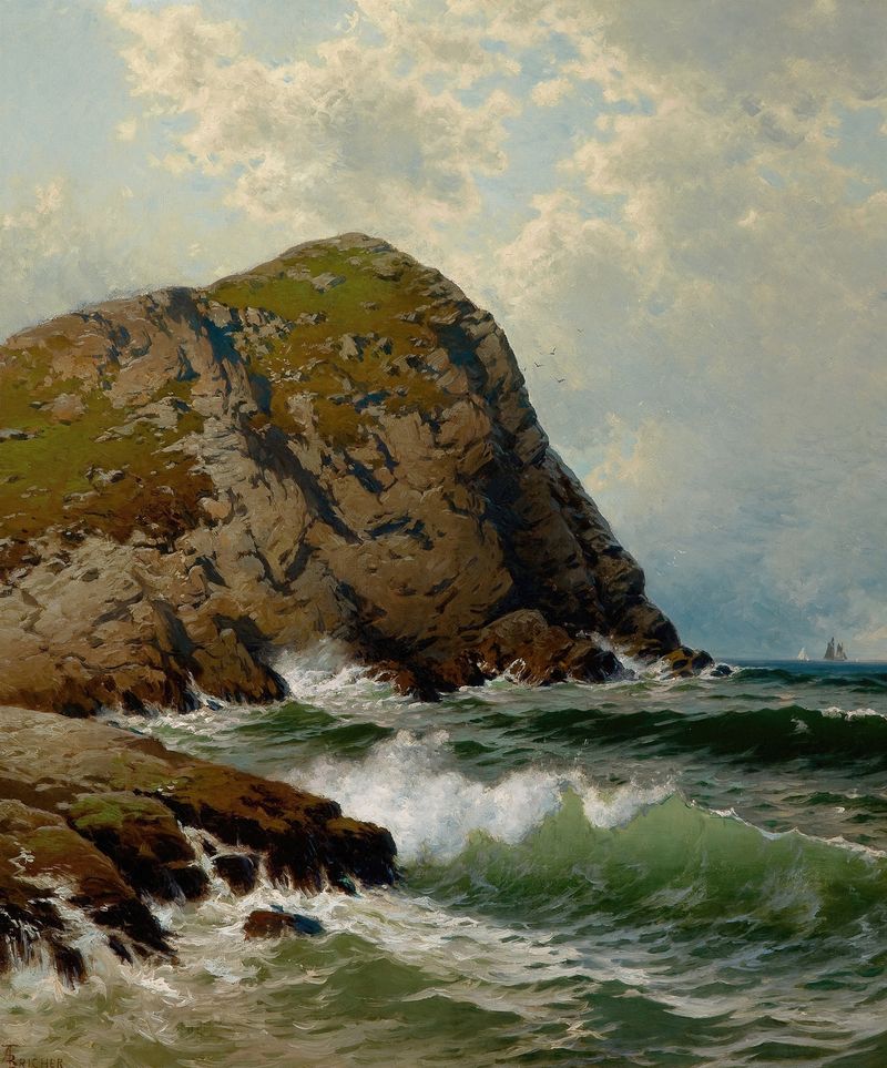 Escena marina con faro y olas rompiendo de Alfred Thompson Bricher, pintura al óleo
