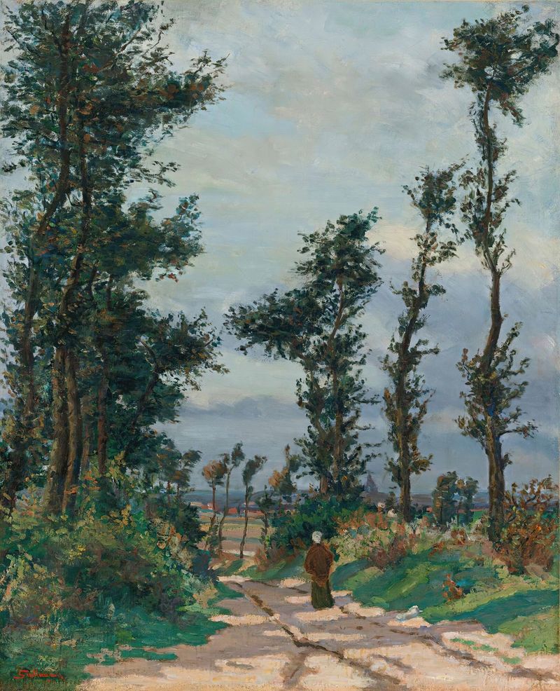 Pintura a óleo de paisagem de Armand Guillaumin com luz do amanhecer e folhagem exuberante.