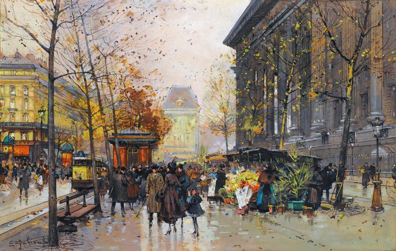Escena botánica de flores en un mercado, pintura al óleo de Eugène Galien-Laloue