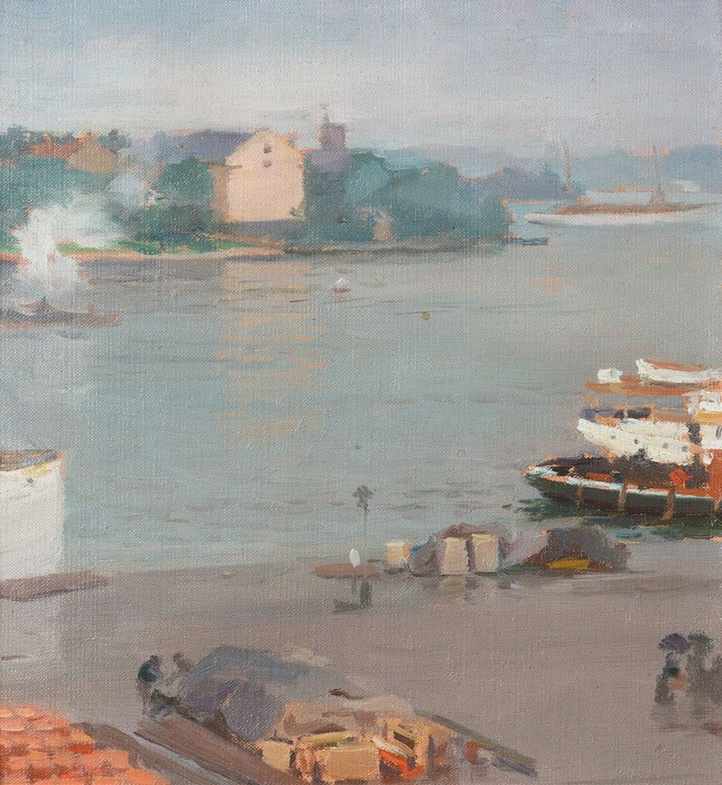 Marine scene with boats and sunlight, oil painting by William Blair Bruce