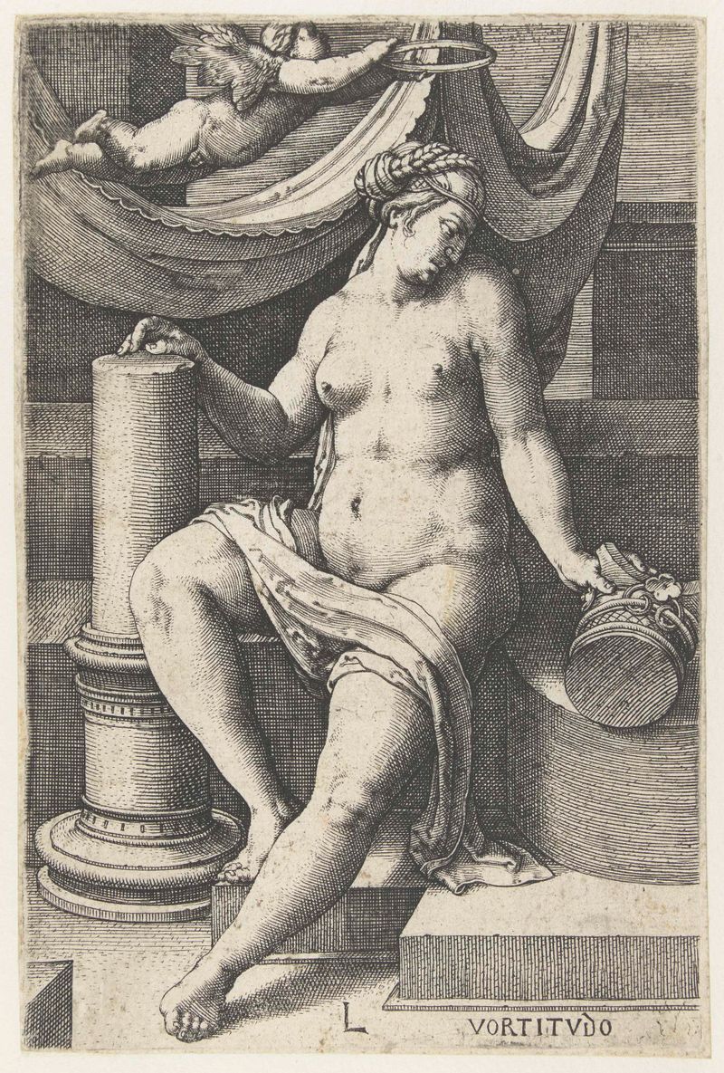 Gravura de Lucas van Leyden retratando uma figura central simbolizando força com luz e sombra intrincadas.