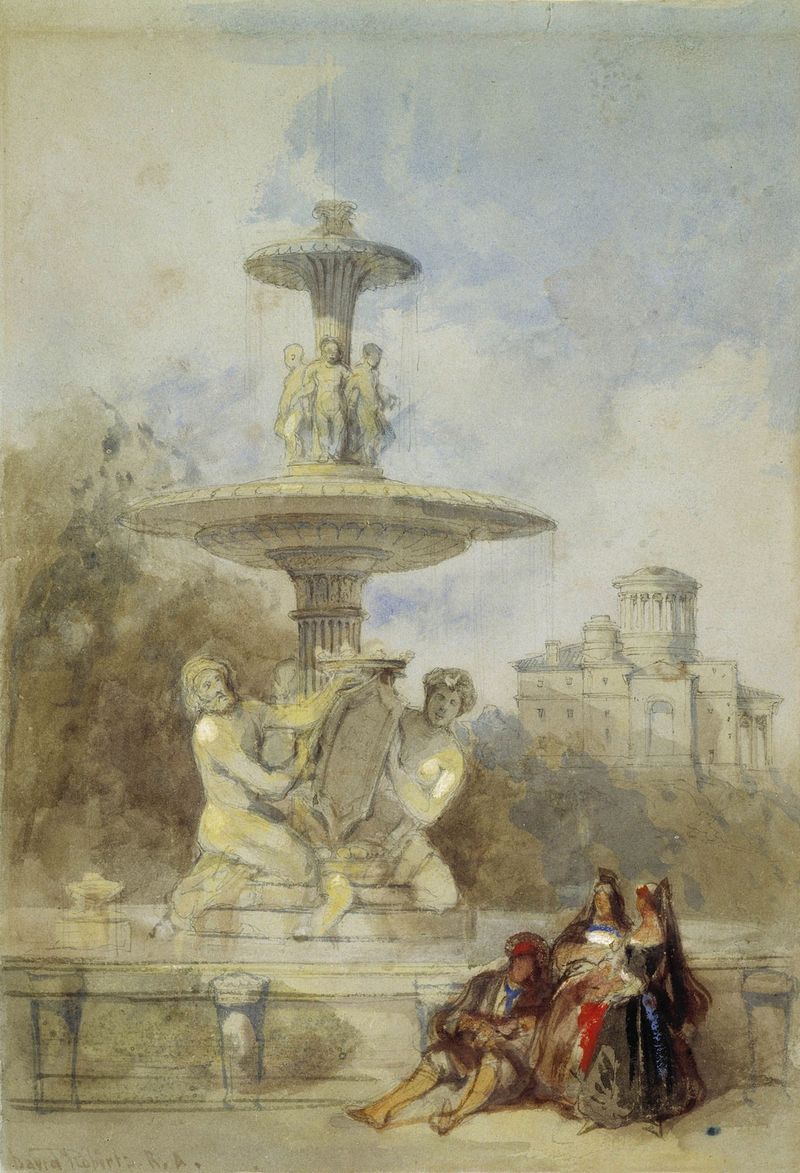 La Fuente en el Prado, Madrid de David Roberts, pintura al óleo que muestra una fuente rodeada de vegetación.