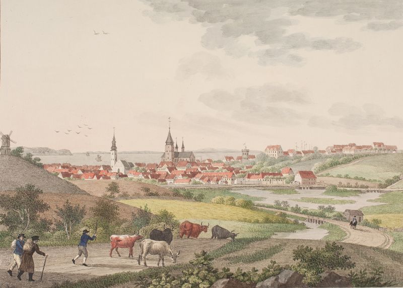 Aarhus de Søren L. Lange, pintura al óleo que representa un paisaje al atardecer con reflejos en el agua.