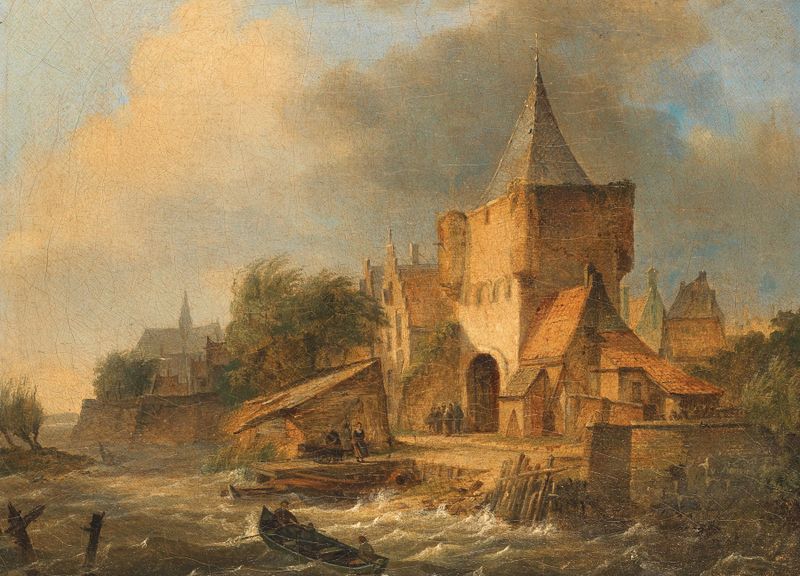 Flood at the City Gate by Elias Pieter van Bommel, oil painting depicting figures struggling against rising waters.