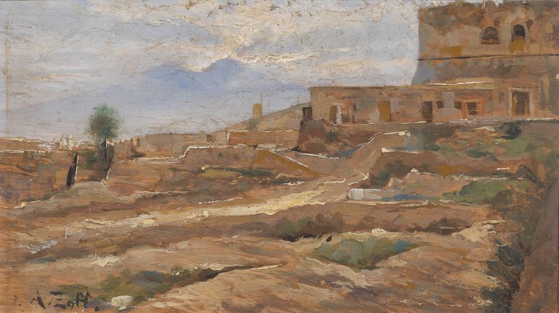 Paisaje al atardecer con Castel Sant Elmo, óleo sobre lienzo de Alfred Zoff