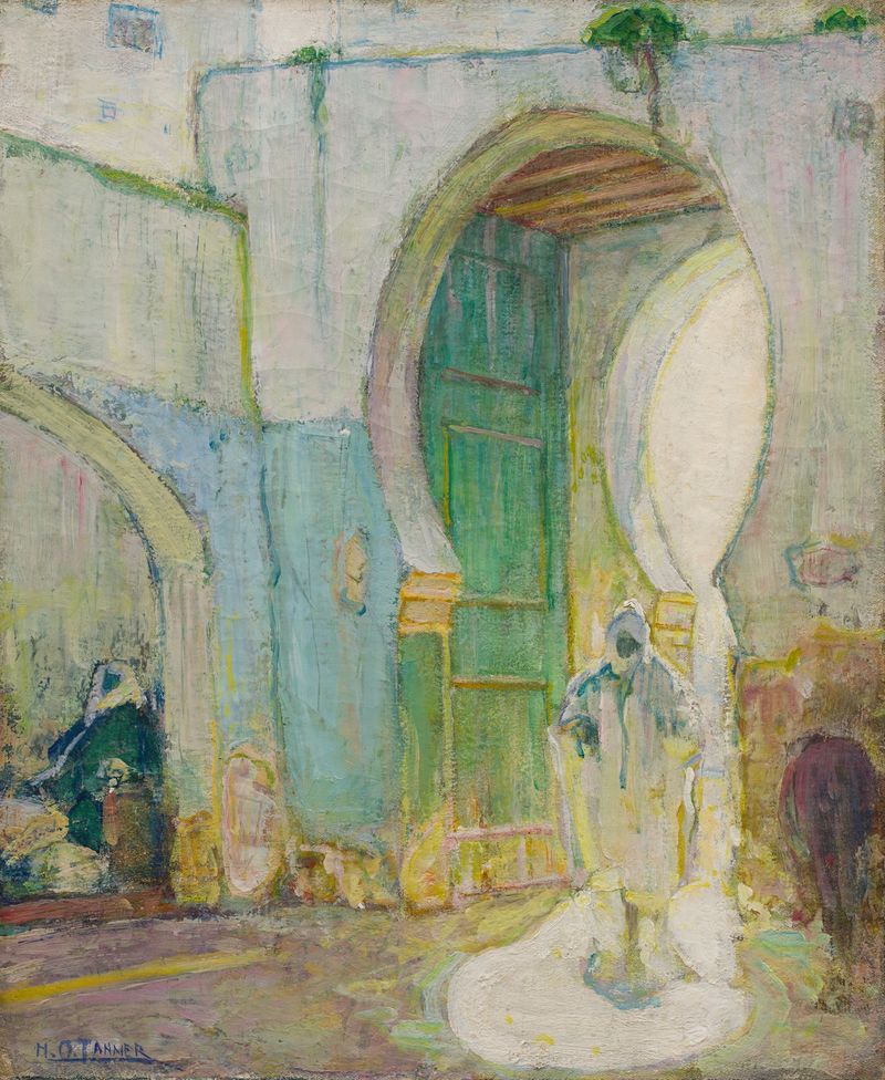 Gateway, Tangier by Henry Ossawa Tanner, oil on canvas depicting a serene doorway with sunlight and trees.