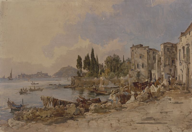 Marine scene with boats at dock, sunlight reflecting on water, by Johann Nepomuk Rauch, oil painting
