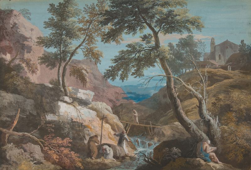 Paisagem montanhosa com eremitas de Marco Ricci, pintura a óleo barroca