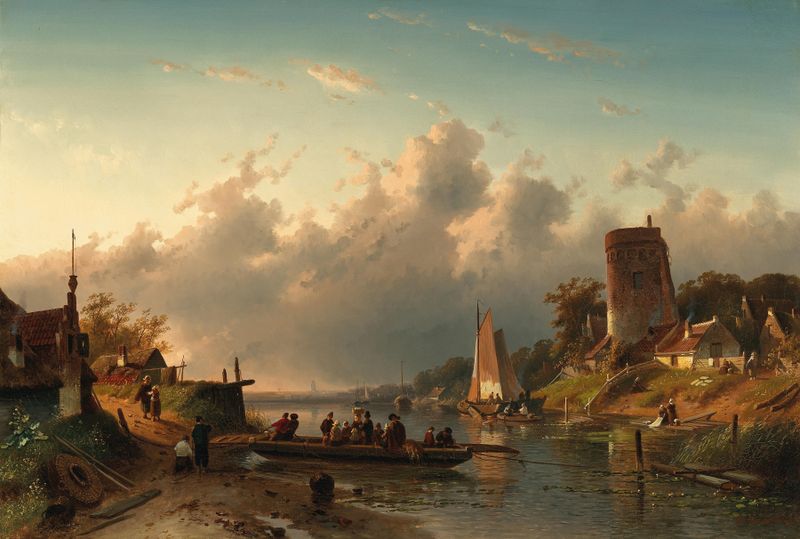 Un ferry cruzando un río al atardecer, pintura al óleo de Charles Leickert