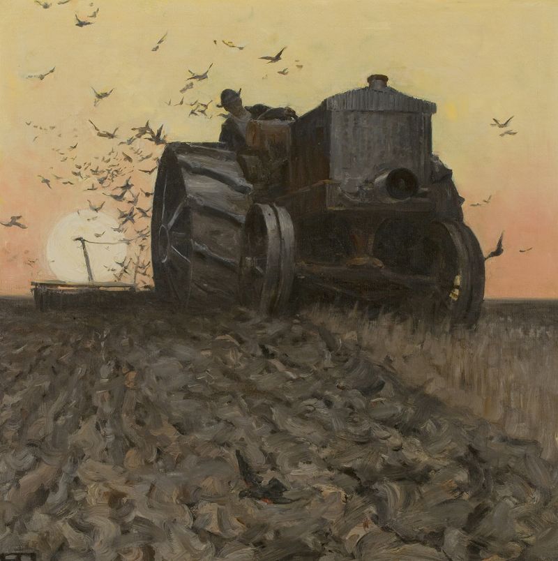 óleo de Harvey T. Dunn mostrando um agricultor plantando em uma paisagem de primavera