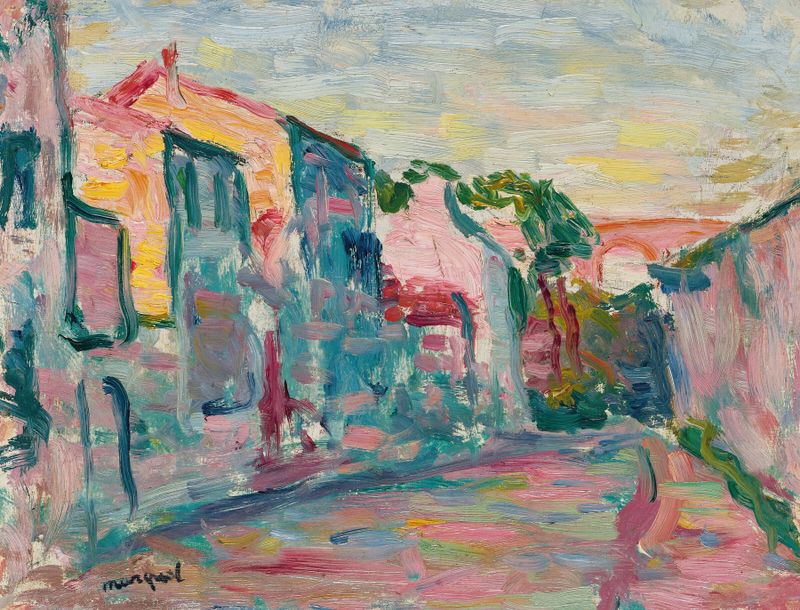 Paisaje de Albert Marquet, óleo sobre lienzo, con suaves verdes y marrones y árboles.